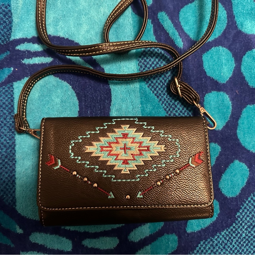 Aztec Embroidered Black Crossbody Bag